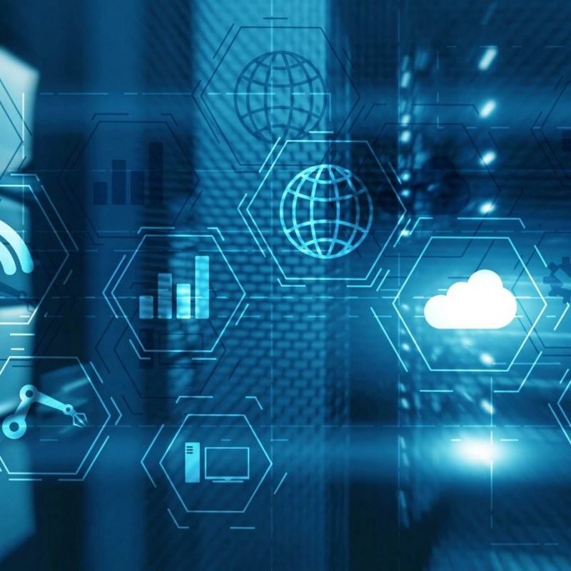 Manufacturing wireless computing future technology server room. Industry technology concept. Mixed Media virtual screen