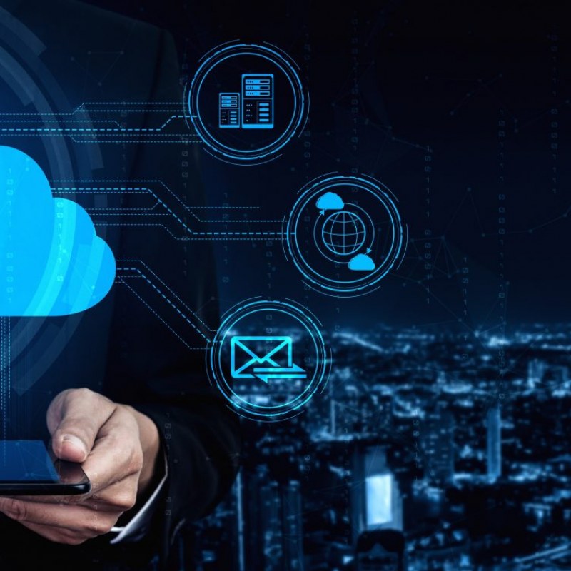 Cloud computing technology and online data storage for business network concept. Computer connects to internet server service for cloud data transfer presented in 3D futuristic graphic interface.