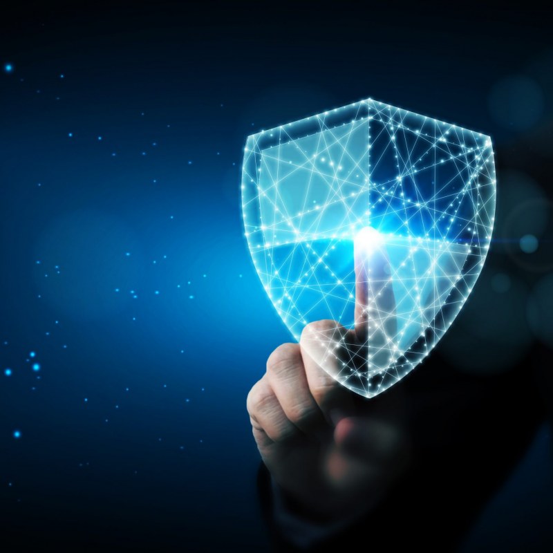 Protection network cyber security computer and safe your data concept, Businessman pointing shield protect icon